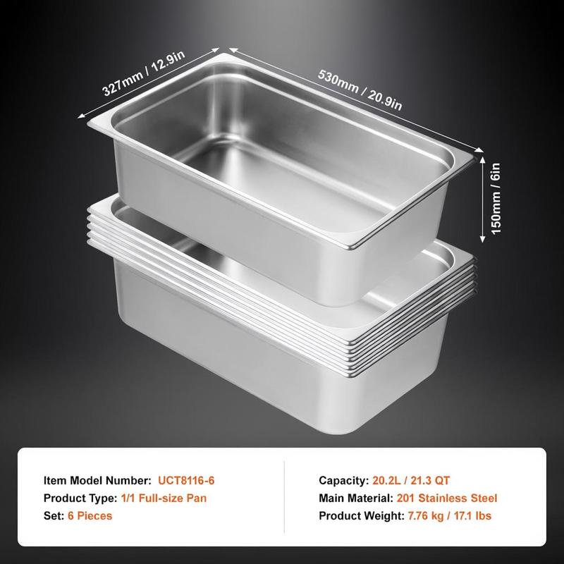 6 Pack Buffet Trays Full Size  - Food Storage Stainless Steel Containers recensie en prijs